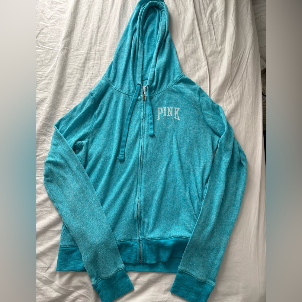 y2k Teal zipper blue Victoria's Secret PINK large zip-up hoodie with heart